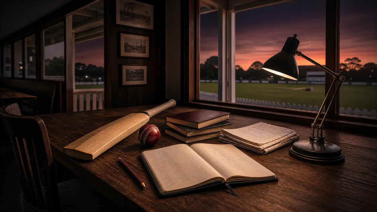 Quiet unbranded cricket pavilion workspace with bat, ball and notebooks