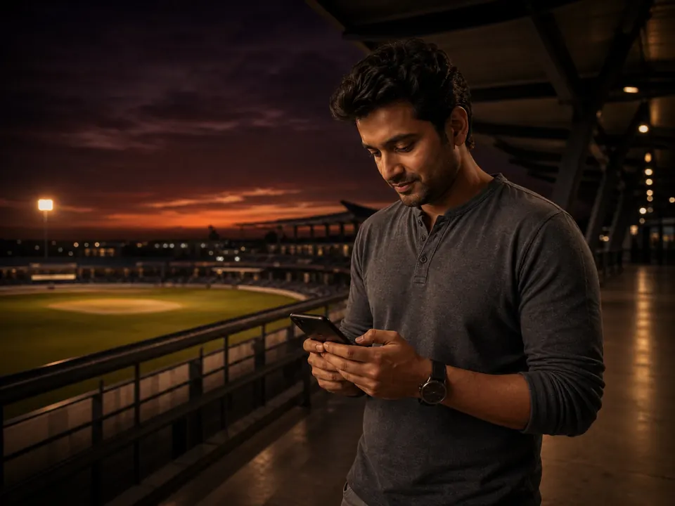 Adult cricket fan holding a phone at a fictional stadium concourse at dusk
